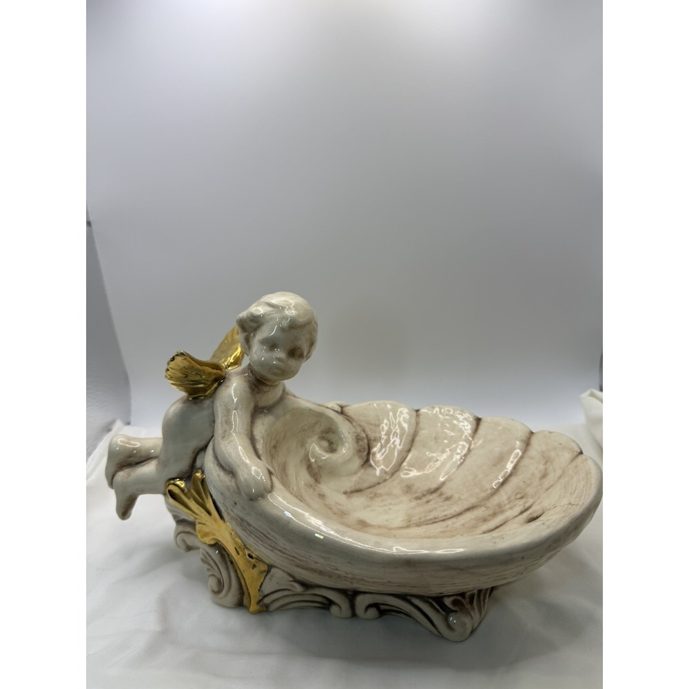 Cherub Angel Floral Ceramic Decorative Dish Tray 11" Vintage Style READ